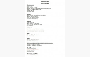 HORAIRES Entraînements  « LA PISCINE »